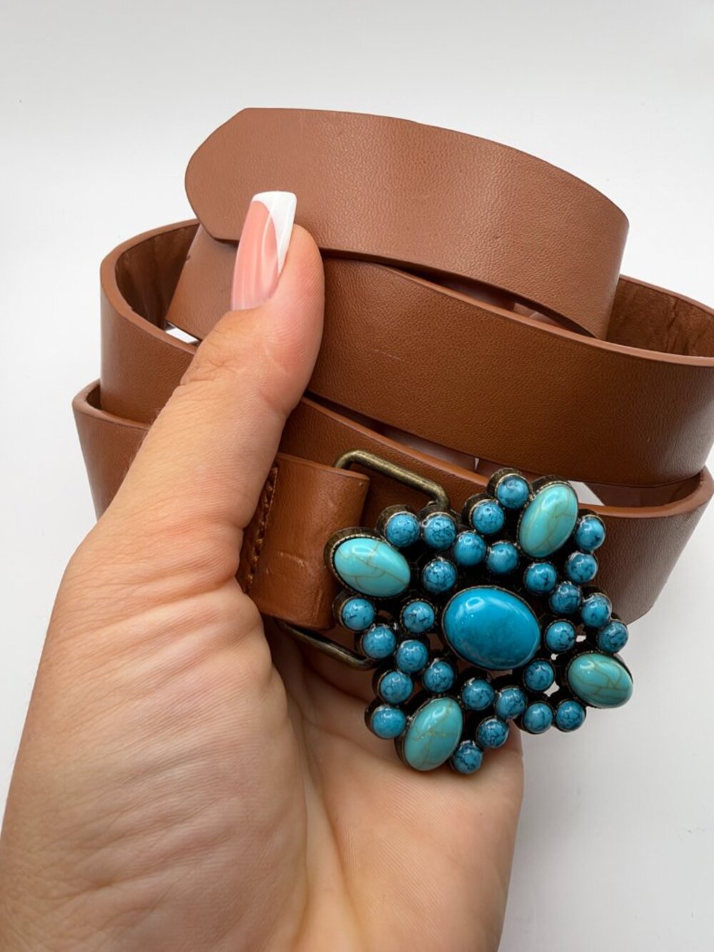 Brown Pressed Leather Belt Turquoise Stone Buckle Western Boho